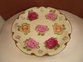 Vintage Three Crown China Two Handled Cake Plate Pink Red Yellow Roses