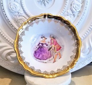 Bayreuth Gloria Fine Porcelain Bavaria Victorian Scene Serving Bowl 24k Gold 9 "