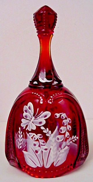 Fenton Glass Ruby Oval Bell Hand Painted Butterfly & Floral Qvc Exclusive