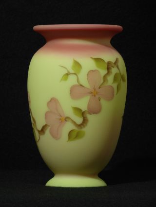 Fenton Burmese Hand Painted Dogwood Vase - Signed Kay Hall
