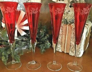 4 - Lenox Holiday Gems Toasting Flutes Ruby Red Champagne Crystal Etched Glasses