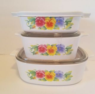 Corning Ware Vintage Summer Blush Pansies Casserole Dishes Set Of 3/ 2 - 1.  5 - 1 L
