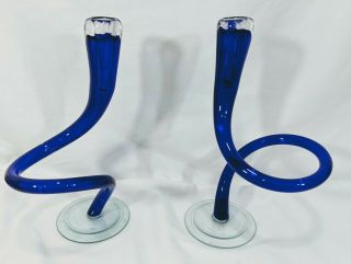 Cobalt Blue Handblown Glass Candlesticks Art Deco One Of A Kind Retro Vintage