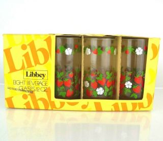 VTG 1960 ' s Libbey Drinking Glasses 12 oz.  Strawberry Blossoms Set 8 2