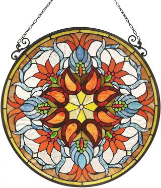 Tiffany Style Flower Design Suncatcher Multi Color Traditional Round Flowers Gla