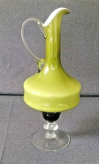 Vintage 15 " Tall Unique Hand Blown Shades Of Green Glass Pitcher/vase Art Glass