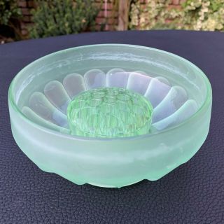 Art Deco Frosted Green Pressed Glass Bowl With Flower Frog Centrepiece 1930 