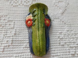 Vintage Wall Pocket Green Wicker Blue Handle With Flowers Made In Japan