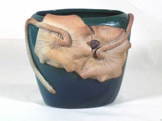 Hand Thrown Pottery Vase Art Deco Green Blue Applied Brown Water Lilies 7 X 7