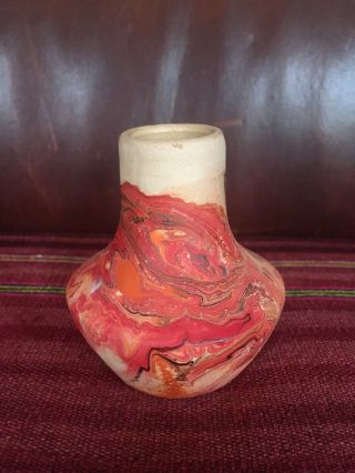 Vintage Small Nemadji Art Pottery Vase Swirled Red Orange Wide Bottom