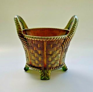 Northwood Bushel Basket Green Iridized Carnival Glass Ribbed Handles Pre - 1940