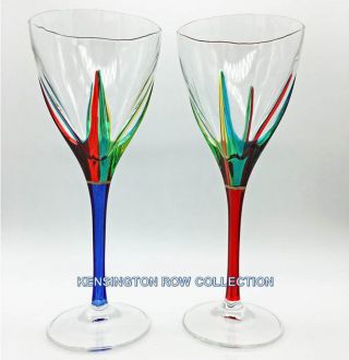 " Positano " Wine Glasses - Set/2 - Red & Blue - Hand Painted Venetian Glassware