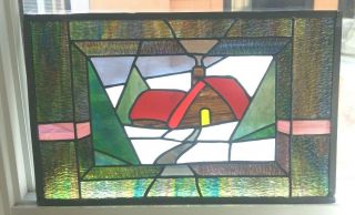 Vintage Hand Crafted Stained Glass Panel Snowy Cabin Farmhouse For Door Window