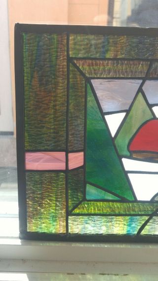 Vintage Hand Crafted Stained Glass Panel Snowy Cabin Farmhouse For Door Window 3