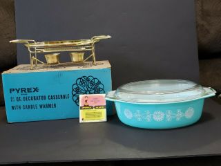Vtg Turquoise Pyrex Lace Medallion 045 2 1/2 Quart Casserole Dish W/cradle & Box