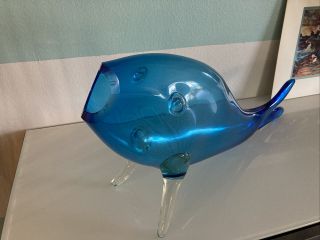 Large Vtg Blenko Blue Glass Open Mouth Fish 22 " Small Chip On Mouth