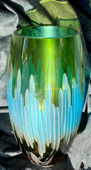 Hand - Engraved / Etched Multi - Color Blue Green Crystal Heavy Thick Art Glass Vase