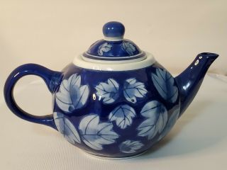 Vintage Cobalt Blue With White Ivy Leaf Ceramic Tea Pot
