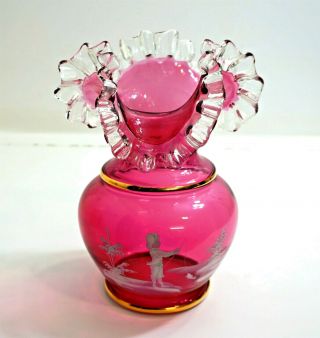 Huge Mary Gregory Cranberry Vase With Clear Ruffled Edge 10 1/2 " Tall Fishing