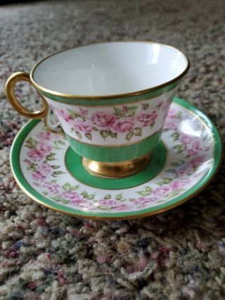 Vintage Adderley Bone China Footed Tea Cup & Saucer Green Gold Pink Rose England