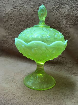 Vintage Fenton Topaz Vaseline Opalescent Lily Of The Valley Covered Candy Dish