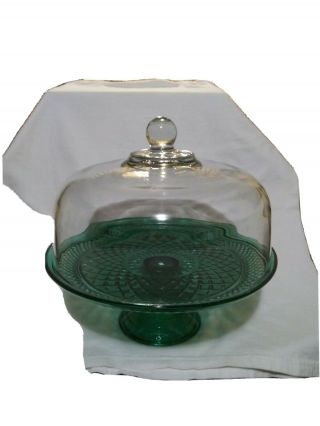 Vintage Wexford Anchor Hocking Emerald Green Cake Plate With Dome Lid
