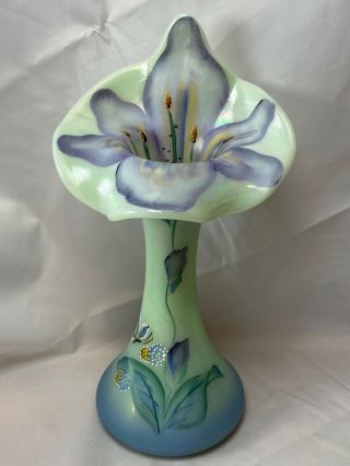 1998 Fenton Iridescent Green Glass Vase W/ Floral Pattern Hand Painted T.  Neader