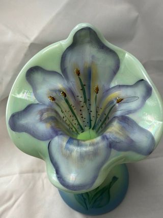 1998 Fenton Iridescent Green Glass Vase w/ Floral Pattern Hand Painted T.  Neader 2