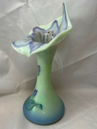 1998 Fenton Iridescent Green Glass Vase w/ Floral Pattern Hand Painted T.  Neader 3