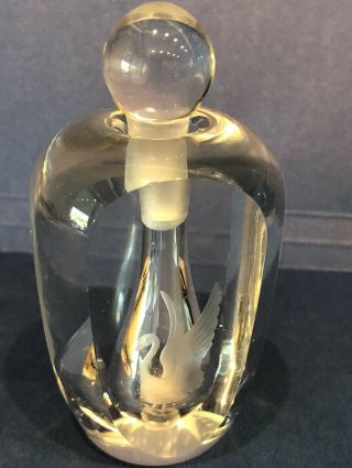 Vintage Orrefors Crystal Signed Perfume Bottle Sweden Etched Swan Bird 3.  5 "