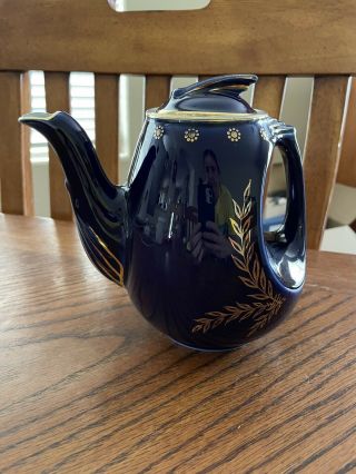 Vintage Art Deco Cobalt Blue & Gold Trim Hall China Airflow Teapot 6 Cup