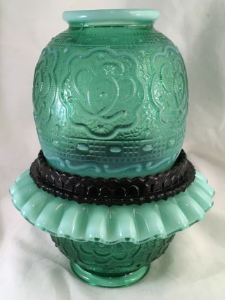 Vintage 3 Piece Fenton Art Glass Opalescent Green Fairy Lamp Persian Medallion