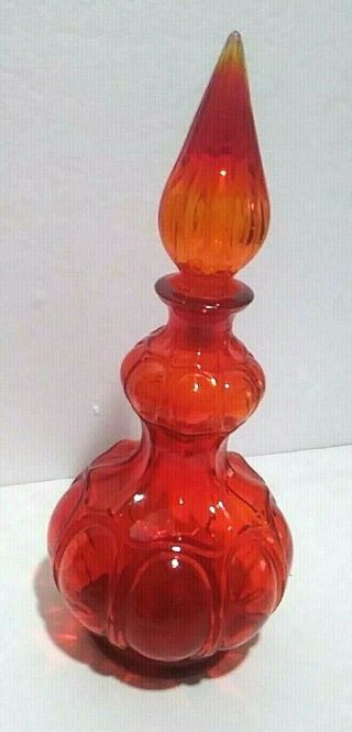Vintage Empoli Orange / Amberina Glass Decanter W/ Stopper Italian Genie 14 "