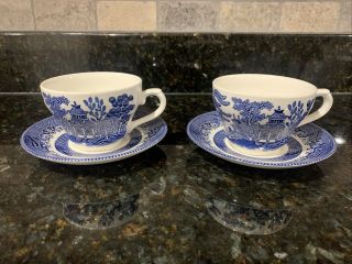 Churchill Blue Willow Coffee/ Tea Cups And Saucers.  Set Of 2.  Made In England.