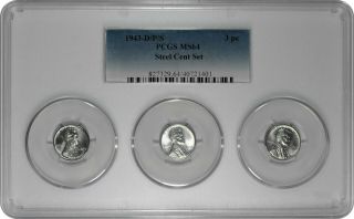 1943 D,  P,  S 1c Lincoln Steel Wheat Cent Pcgs Ms 64 Three Coin Set Tri - Holder