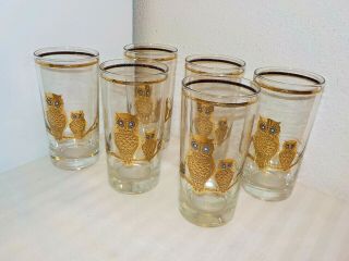 6 Vintage Culver Ltd 22 K Gold Owls On A Branch 5 1/2 " Highball Glasses Tumblers