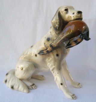 Vintage Keramos Glass Porcelain Hunting Dog With Pheasant Wien Austria Vienna