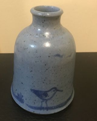 Vintage Salt Glaze Gray Pottery Cobalt Blue Birds Crock Jug Vase Signed 1981