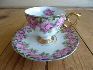 Royal Sealy Footed Tea Cup & Saucer Set Rsy2 - Pink Roses Gold Trim - Demi Size