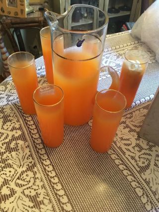 Vintage West Virginia Glass Blendo Orange Pitcher And 6 Glasses Mcm