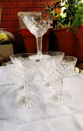 Vintage Quality Of 5 Set Hollow Stem Panel Hand Cut Crystal Champagne Glasses