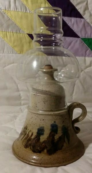 Vintage Signed Stoneware Pottery Oil Lamp With Glass Chimney