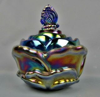 Fenton Butterfly Cobalt Marigold Carnival Glass Covered Candy Dish 7767
