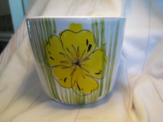 Ceramic Planter Flower Pot Hand Painted Yellow Flower Green Grass Italy Abt 5x5 "