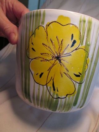 Ceramic Planter Flower Pot Hand Painted Yellow Flower Green Grass ITALY abt 5x5 