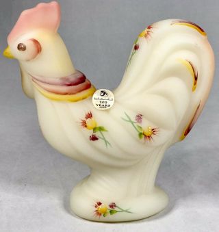 Fenton Satin Lotus Mist Rooster Chicken Signed Hand Painted Art Glass