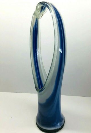 Vintage Hand Blown Tall Blue Swirl Art Glass Open Sided Vase 17.  5 " Tall