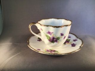 Made In England Salisbury Bone China Cup And Saucer Violets Sponge Gold 2106k