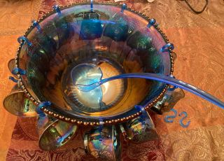 Vintage Indiana Iridescent Blue Carnival Glass Punch Bowl 12 Cups Ladel & Hooks