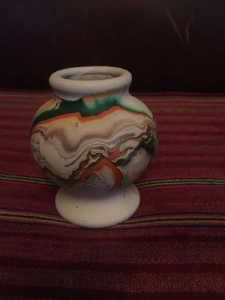 Vintage Small Nemadji Art Pottery Ceramic Vase Swirled Orange Green Cream Signed